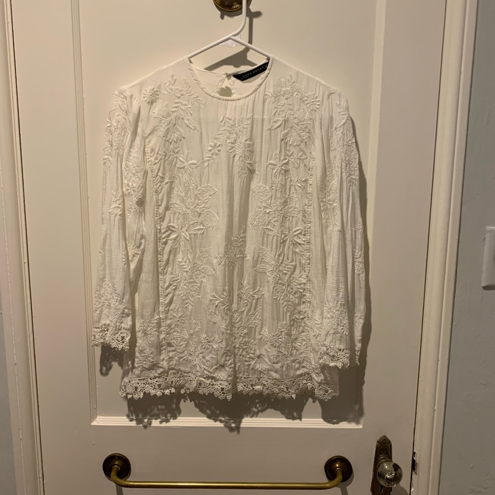 Zara cream white embroidered top